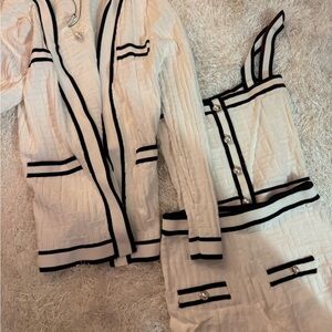 White and Black Textured Jacket and Skirt Set